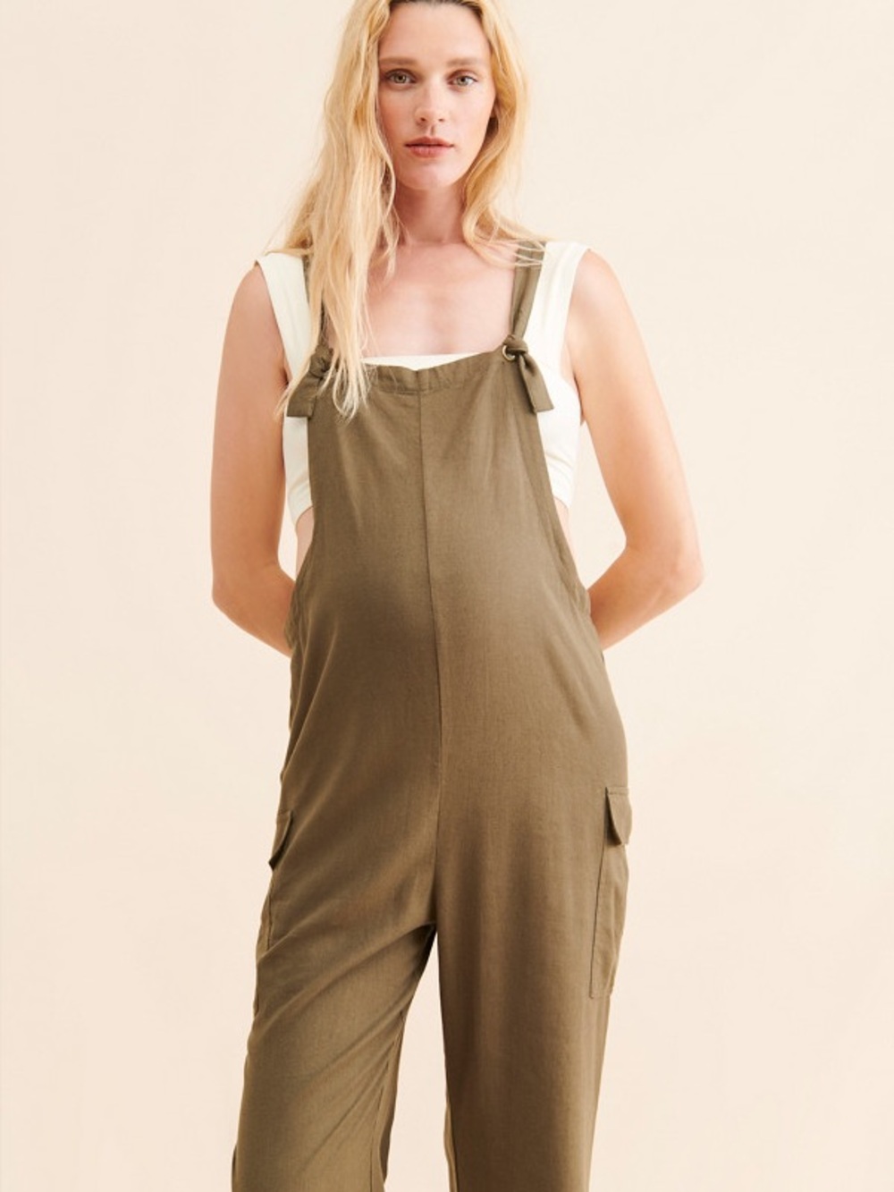 Ripe Maternity Olive Overalls Linen-Blend Jumpsuit